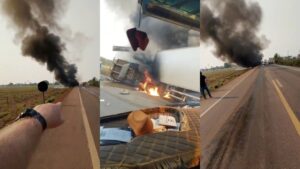 acidente-com-caminhoes-em-chamas-fecha-a-br-364-em-rondonia;-prf-relata-mortes-no-local