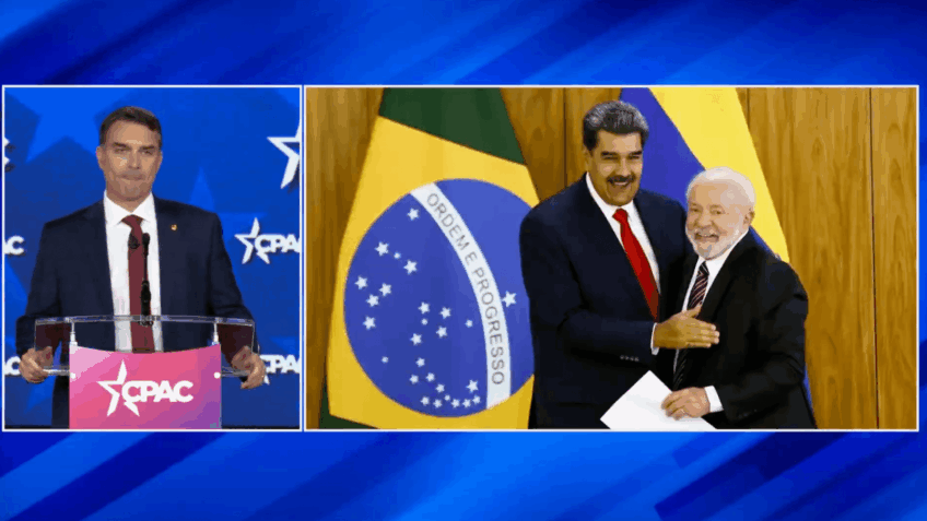 Flávio exibe foto de Maduro abraçado a Lula em evento nos EUA