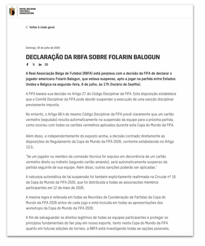 Federação belga critica Fifa por anular suspensão de jogador dos EUA