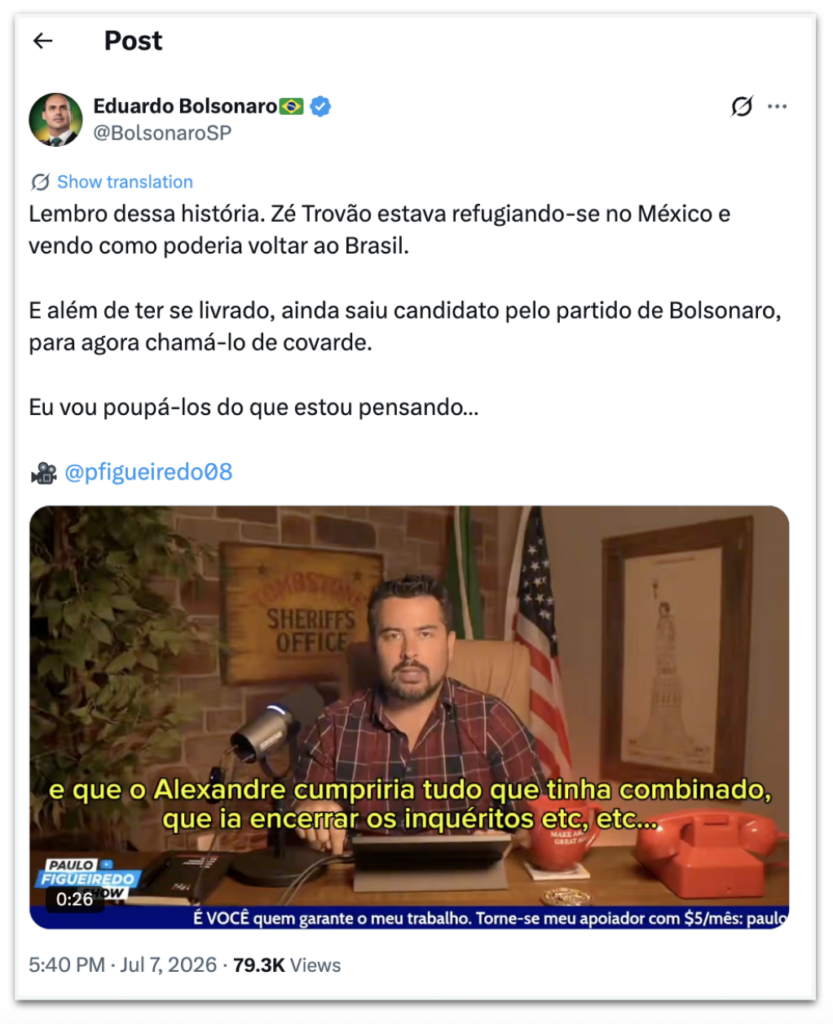 Eduardo rebate críticas de Zé Trovão a Bolsonaro