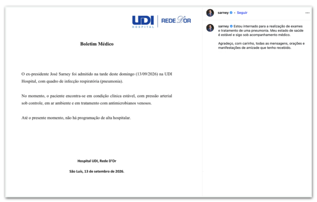 José Sarney é internado com pneumonia em São Luís