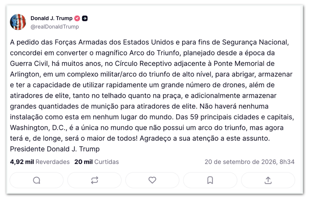 Trump quer transformar “Arco do Triunfo” de Washington em base militar
