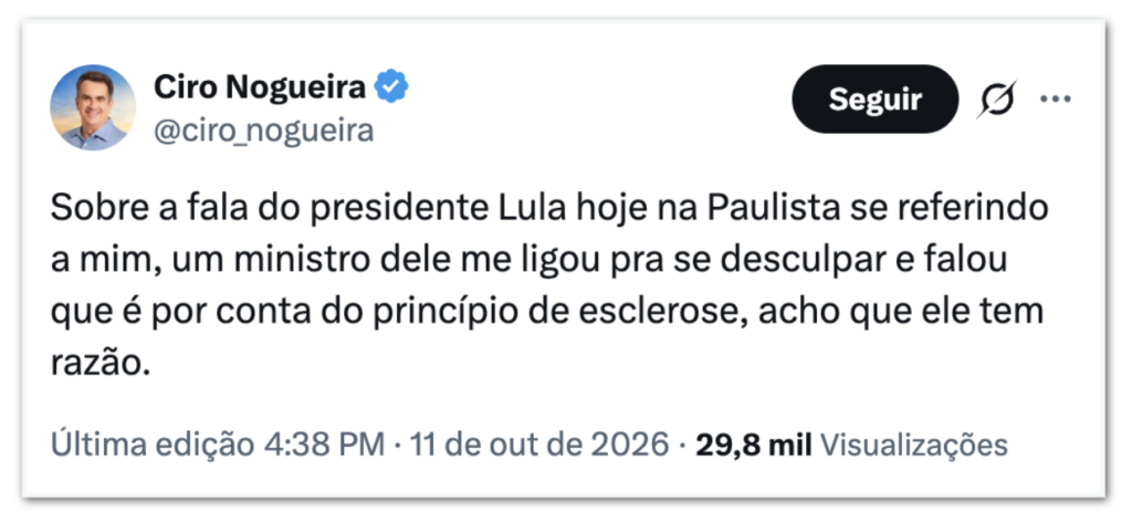 Ciro Nogueira sugere que Lula tem “princípio de esclerose”